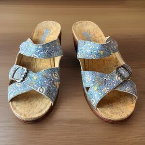 Alegria Women’s Blue Floral Leather Wedge Sandals Size 38 US 8-8.5